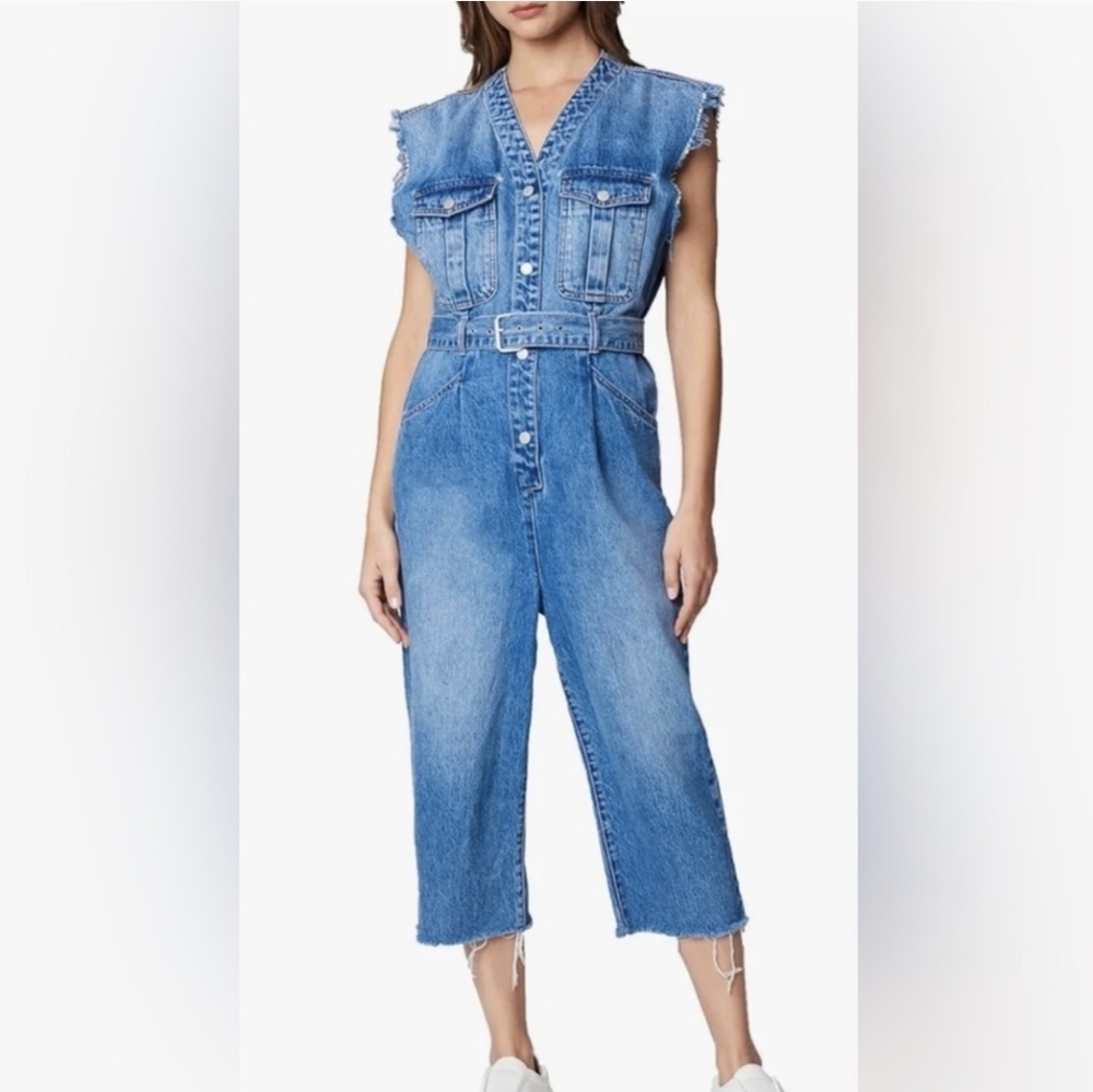 Blank NYC Blue Denim Jumpsuit with V-Neck and Tie Belt..SIZE:L - Picture 1 of 16